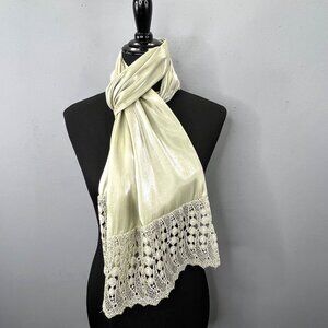 Satin Scarf Lace Crochet Trim Light Sage Mint Green Silver Metallic Threads